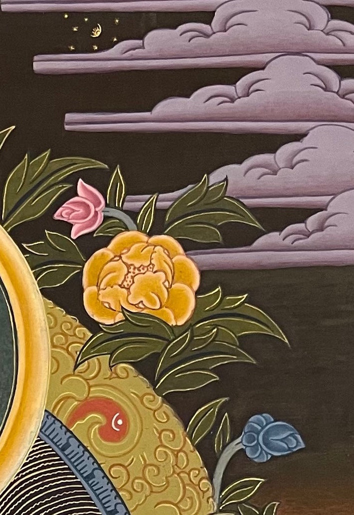 Shakyamuni Buddha thangka, detail: top-right corner