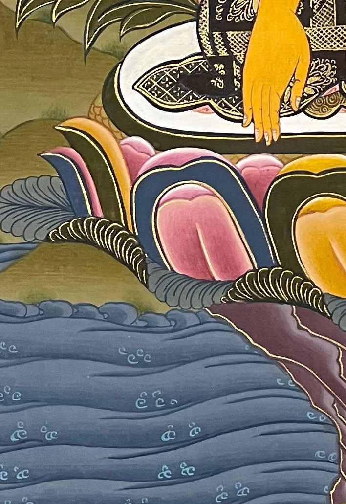 Shakyamuni Buddha thangka, detail: bottom-left corner