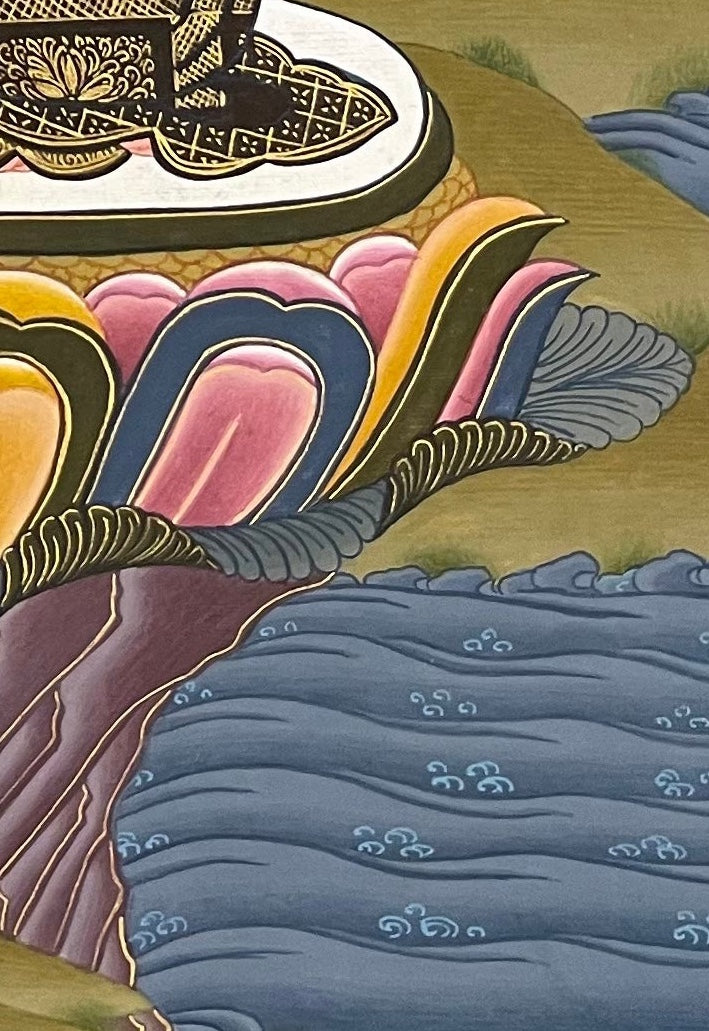 Shakyamuni Buddha thangka, detail: bottom-right corner