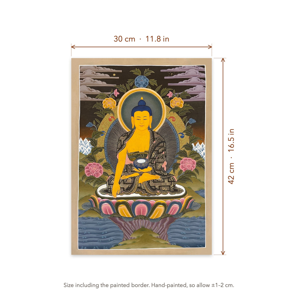 Size diagram: 30 × 42 cm (11.8 × 16.5 in), including the painted border