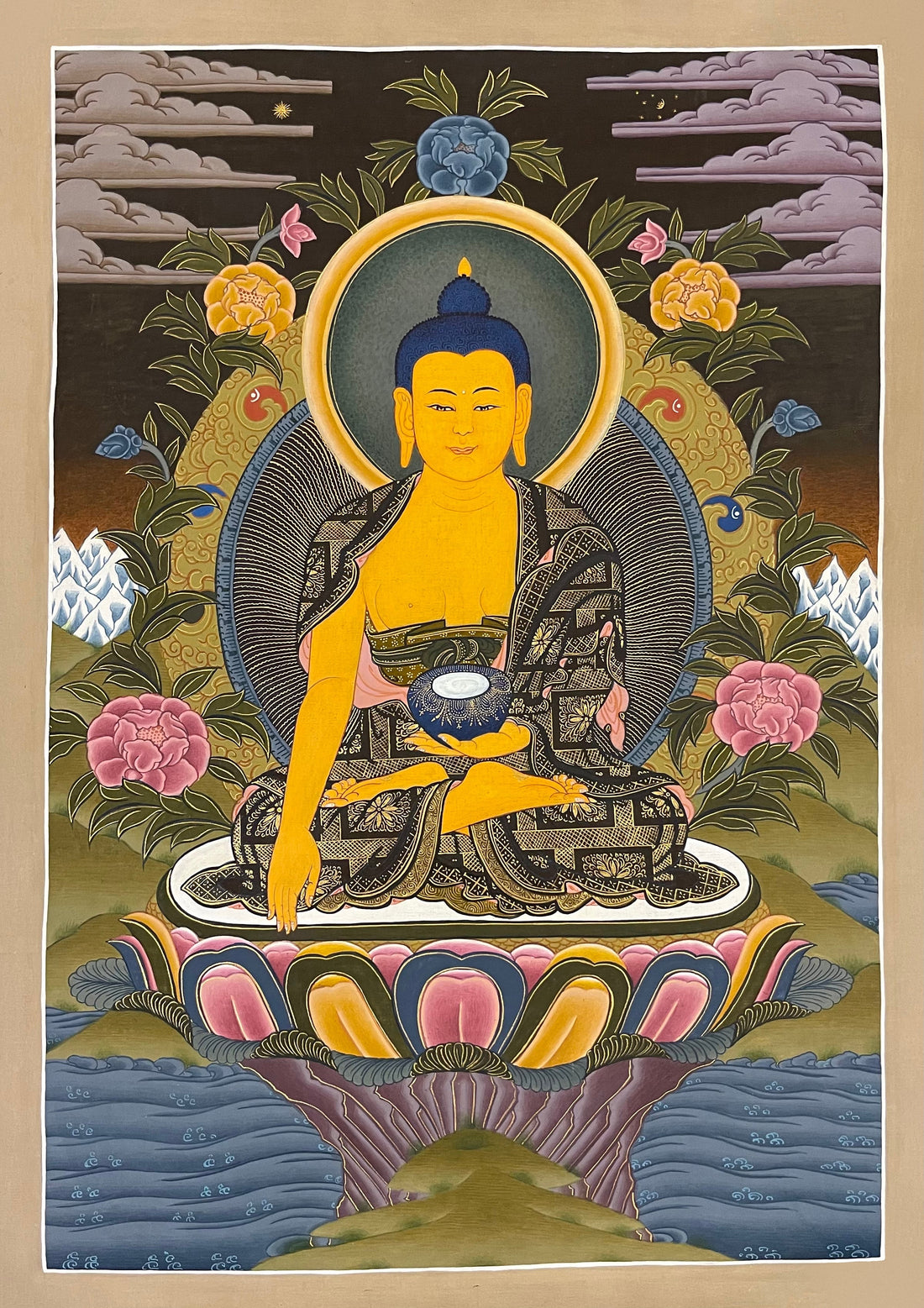 Shakyamuni Buddha thangka, 30×42 cm: Shakyamuni touching the earth on a lotus among peonies, with grey clouds and snow peaks