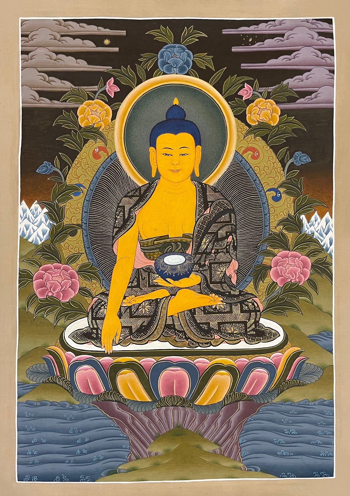 Shakyamuni Buddha thangka, 30×42 cm: Shakyamuni touching the earth on a lotus among peonies, with grey clouds and snow peaks