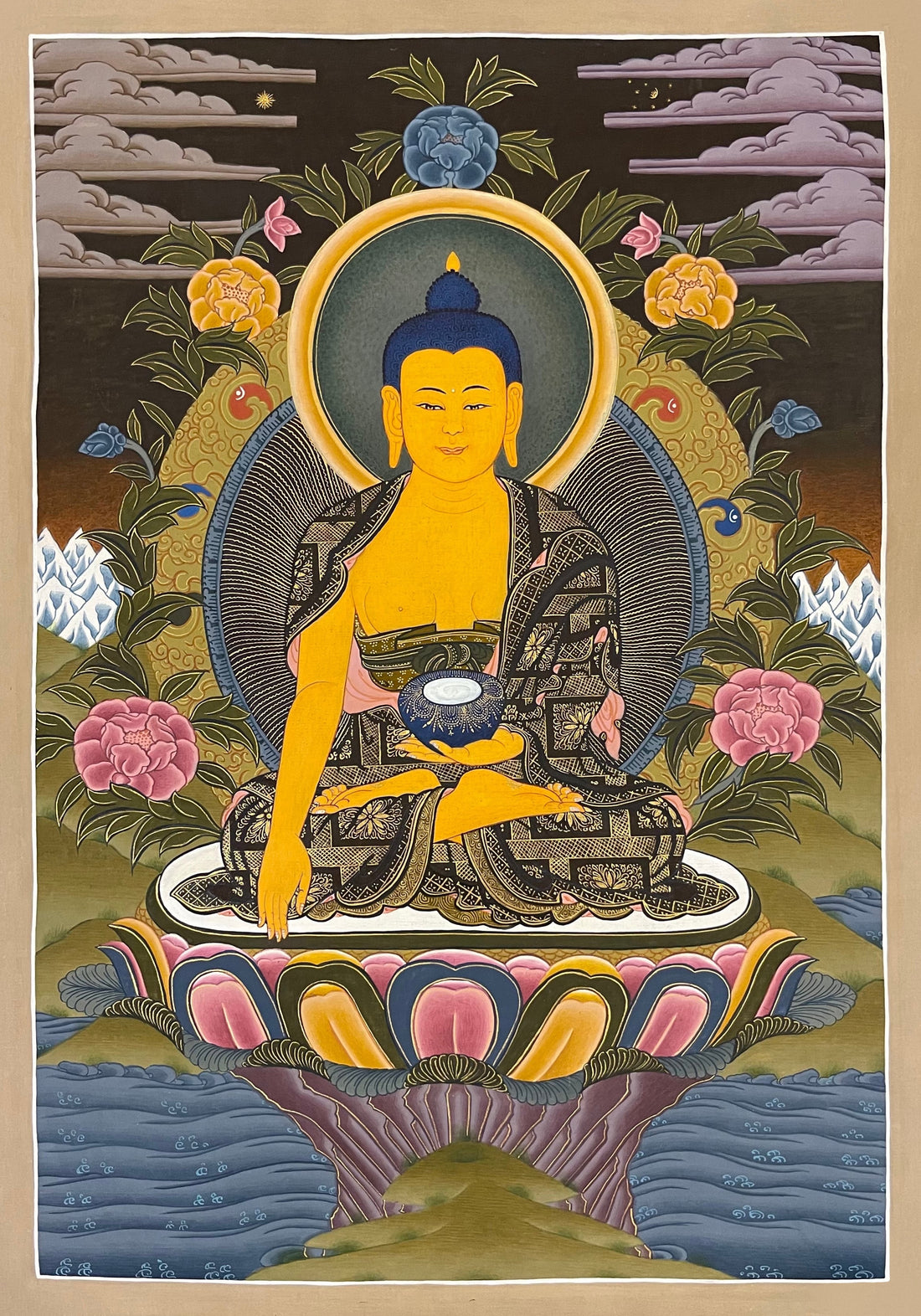 Shakyamuni Buddha thangka, 30×42 cm: Shakyamuni touching the earth on a lotus among peonies, with grey clouds and snow peaks