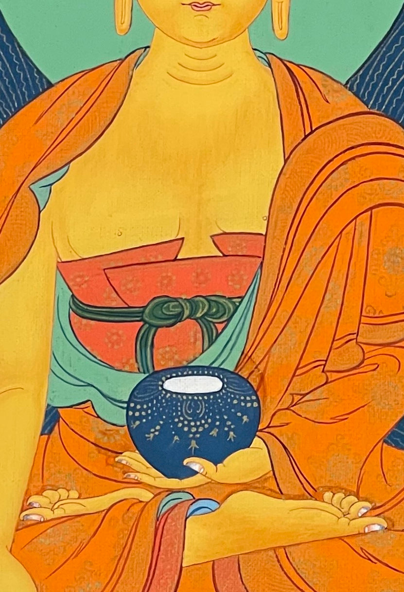 Shakyamuni Buddha thangka, 31×43 cm: Shakyamuni touching the earth with a blue bowl, framed by a dark blue aureole on a pale khaki ground