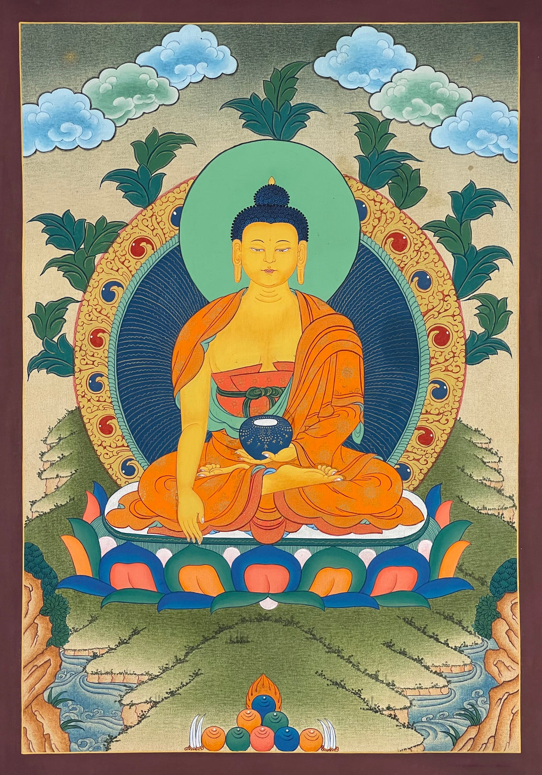 Shakyamuni Buddha thangka, 31×43 cm: Shakyamuni touching the earth with a blue bowl, framed by a dark blue aureole on a pale khaki ground