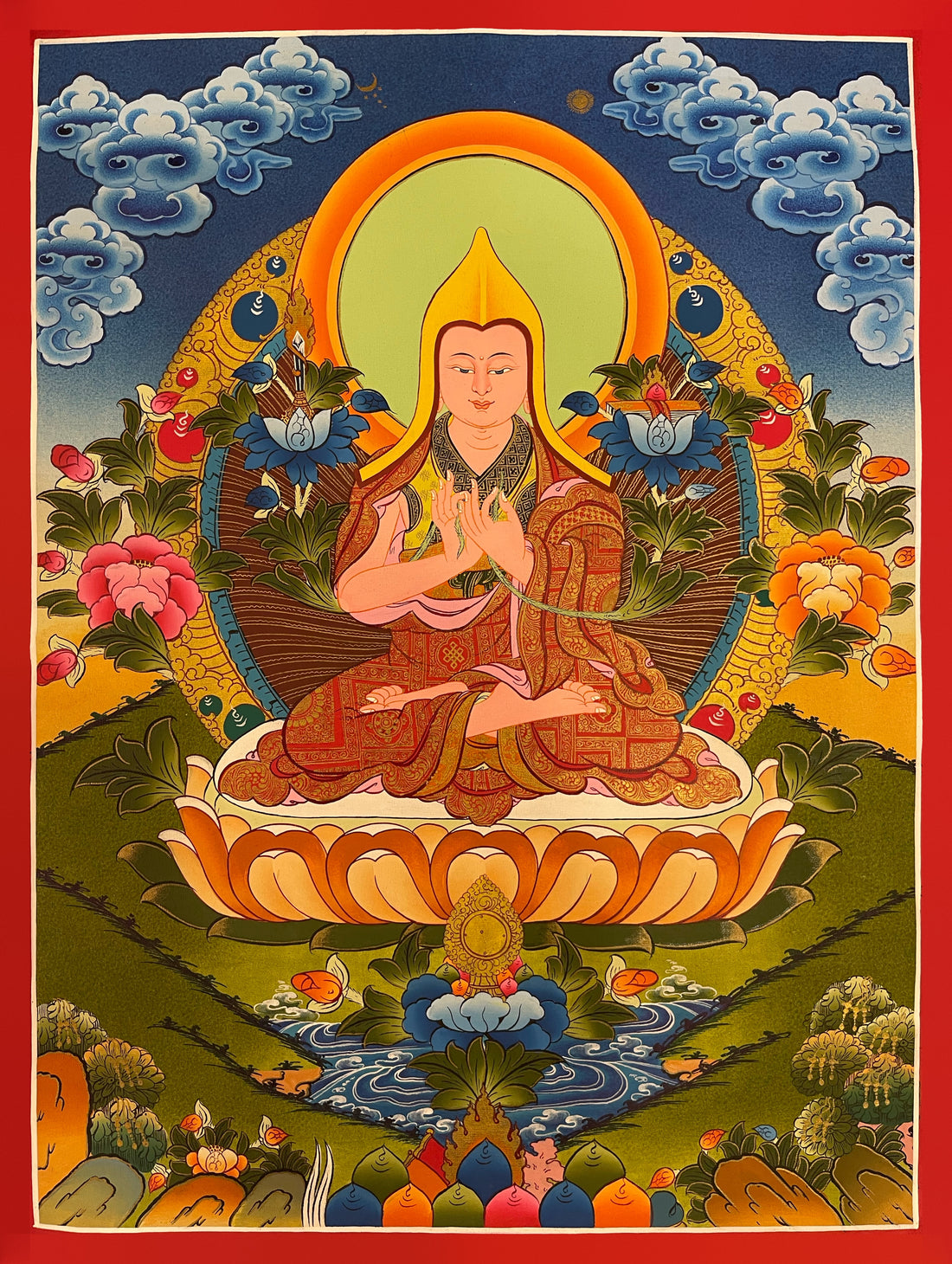 Tsongkhapa thangka, 42×55 cm: Tsongkhapa in a yellow hat with a sword and book on lotuses at his shoulders