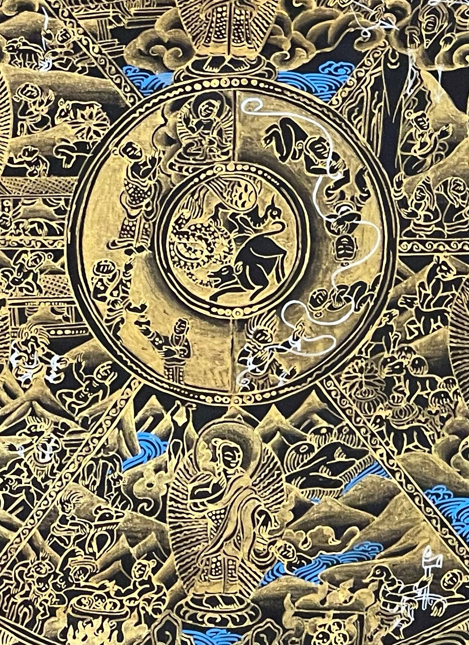 Wheel of Life thangka, 52×68 cm: Yama holding the Wheel of Life in fine gold-coloured line work on black
