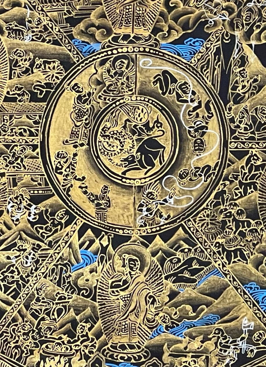 Wheel of Life thangka, 52×68 cm: Yama holding the Wheel of Life in fine gold-coloured line work on black