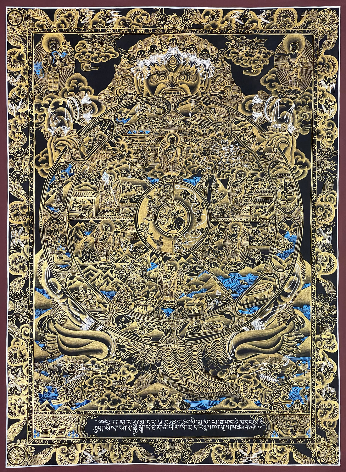Wheel of Life thangka, 52×68 cm: Yama holding the Wheel of Life in fine gold-coloured line work on black