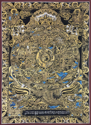 Wheel of Life thangka, 52×68 cm: Yama holding the Wheel of Life in fine gold-coloured line work on black