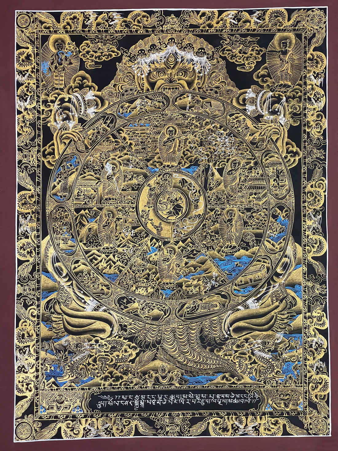 Wheel of Life thangka, 52×68 cm: Yama holding the Wheel of Life in fine gold-coloured line work on black