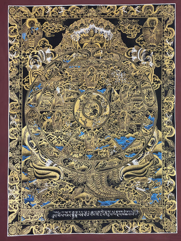 Wheel of Life thangka, 52×68 cm: Yama holding the Wheel of Life in fine gold-coloured line work on black