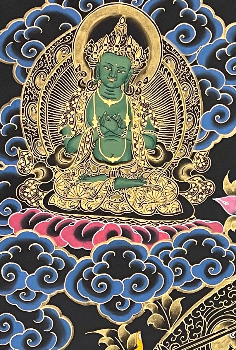 Five Manjushri thangka, detail: top-left corner