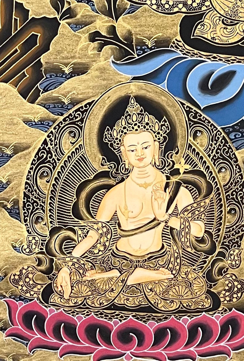 Five Manjushri thangka, detail: bottom-left corner