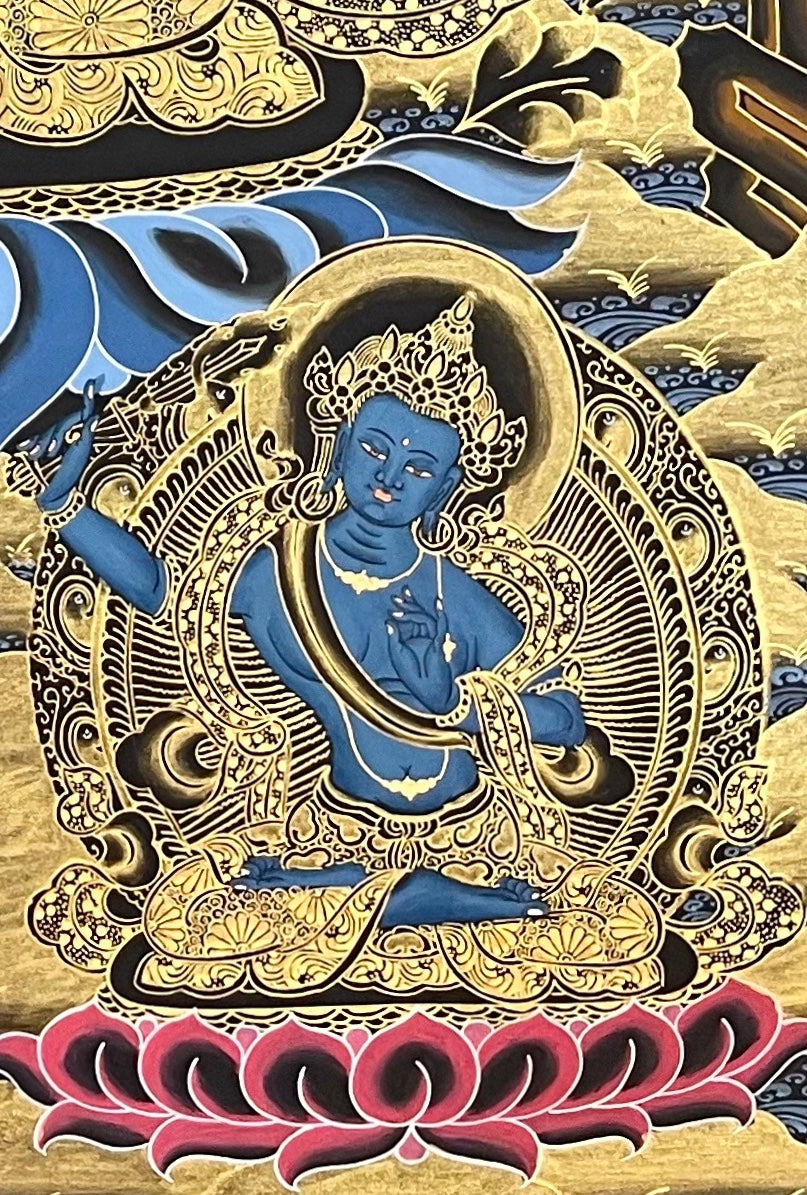 Five Manjushri thangka, detail: bottom-right corner