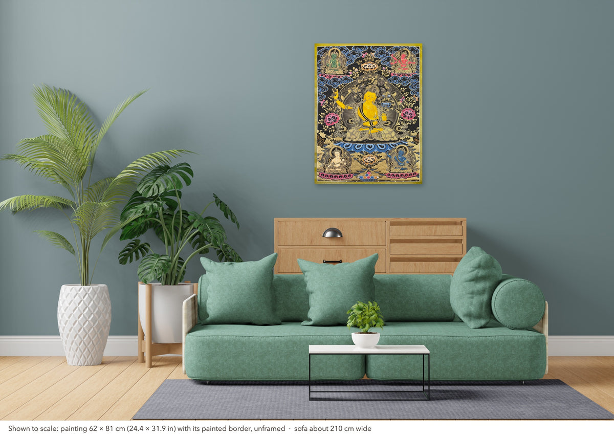 Five Manjushri thangka shown to scale in a living room, unframed, above a sofa about 210 cm wide (62×81 cm)