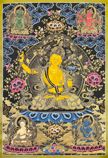 Five Manjushri thangka, 62×81 cm: golden Manjushri with four smaller crowned figures in green, red, white and blue, in the black-and-gold style