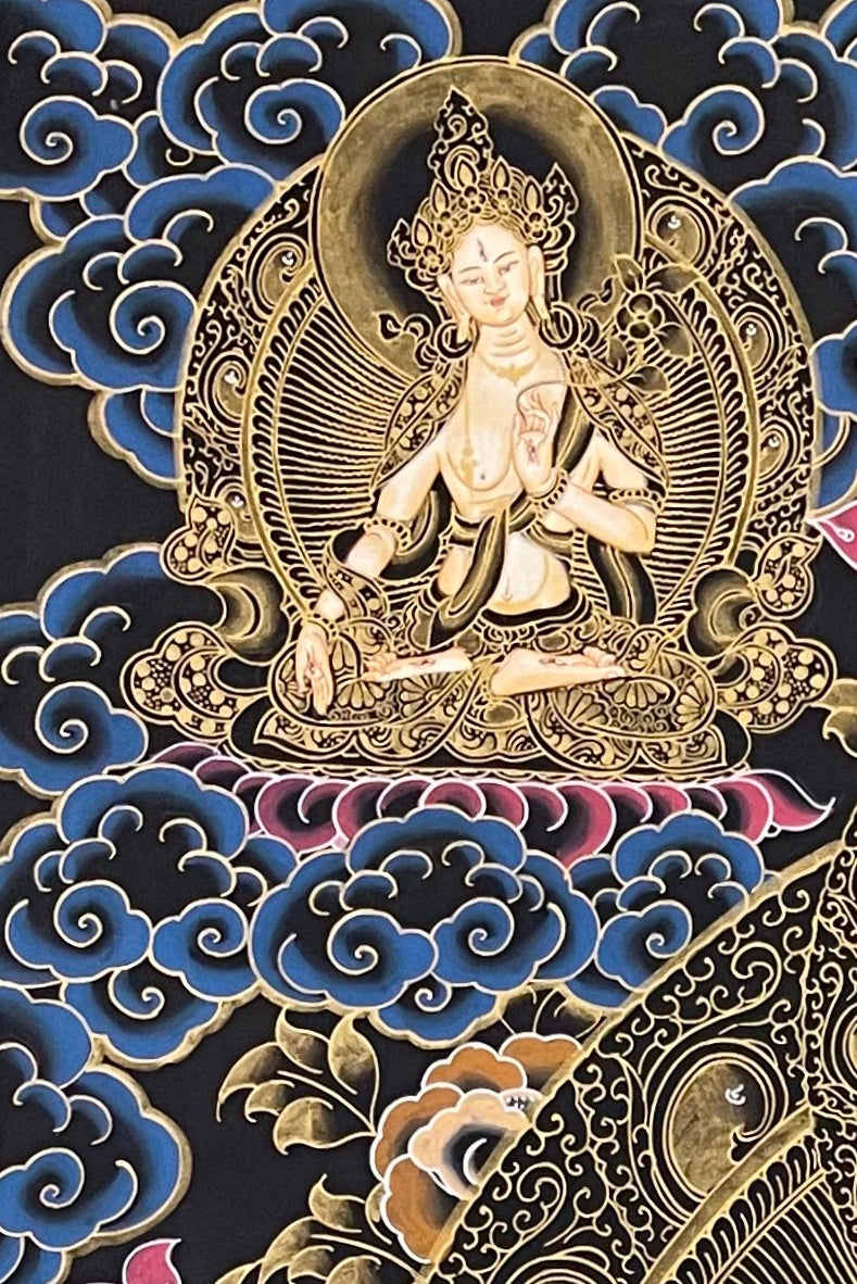 Chenrezig thangka, detail: top-left corner