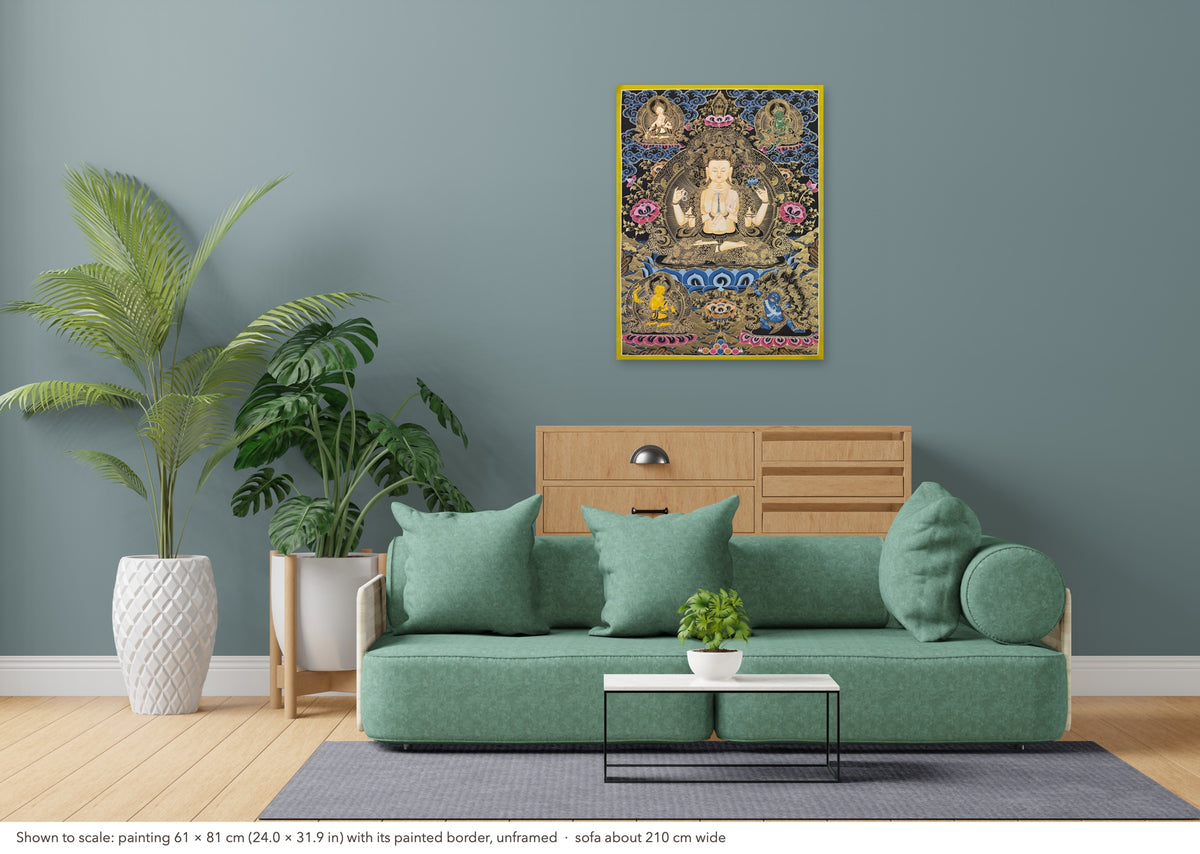 Chenrezig thangka shown to scale in a living room, unframed, above a sofa about 210 cm wide (61×81 cm)