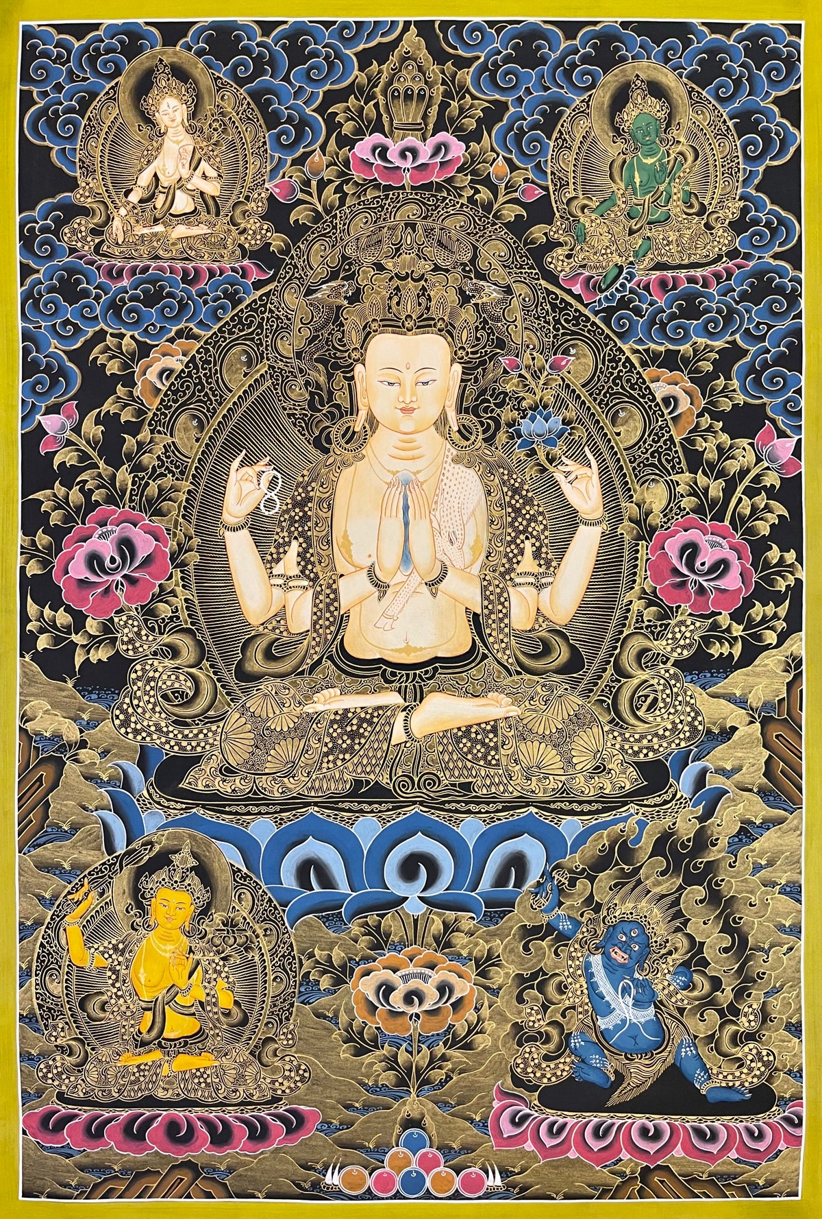 Chenrezig thangka, 61×81 cm: black-and-gold four-armed Chenrezig with White and Green Tara above and Manjushri and Vajrapani below