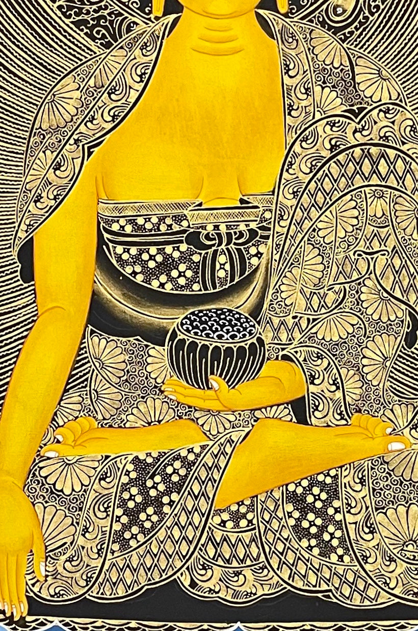 Shakyamuni Buddha thangka, 60×81 cm: Shakyamuni in black and gold touching the earth, with Medicine Buddha, a red Buddha and two monks