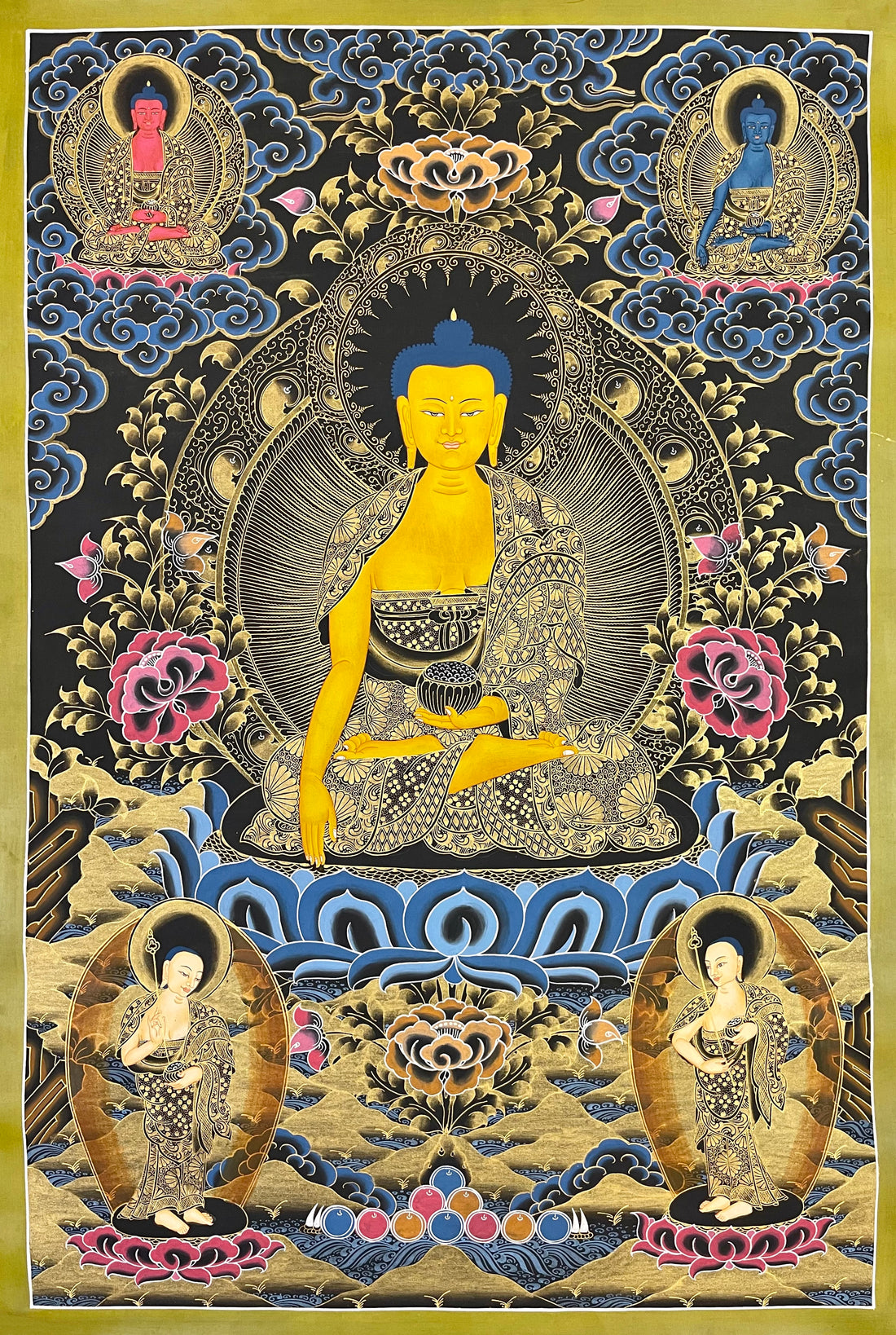 Shakyamuni Buddha thangka, 60×81 cm: Shakyamuni in black and gold touching the earth, with Medicine Buddha, a red Buddha and two monks