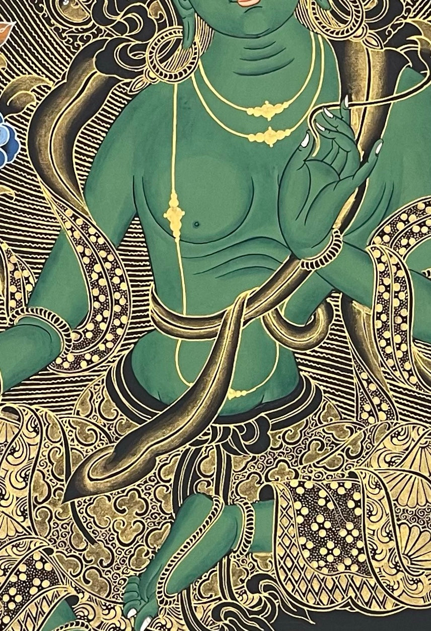 Green Tara thangka, 59×81 cm: Green Tara in black and gold, with two Buddhas above and Saraswati below