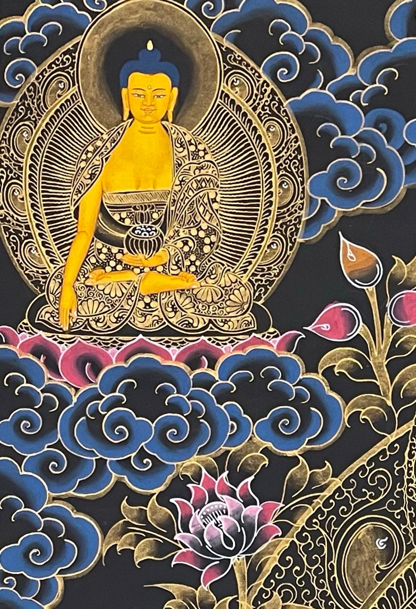 Green Tara thangka, detail: top-left corner