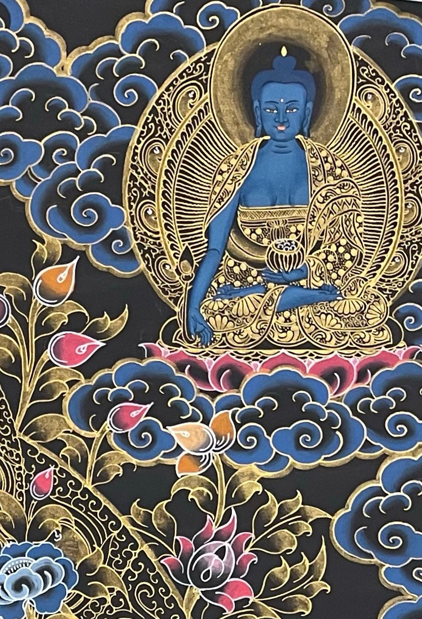 Green Tara thangka, detail: top-right corner