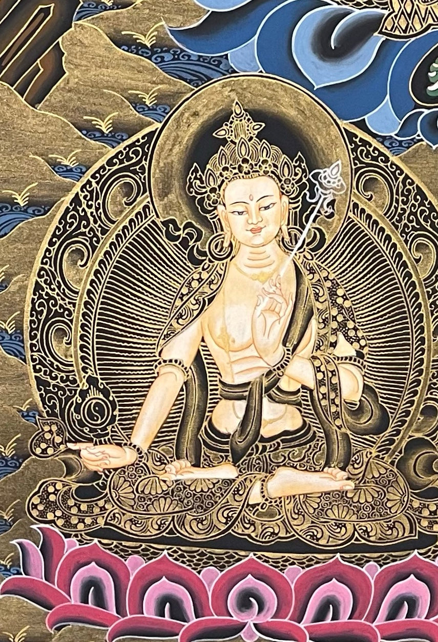 Green Tara thangka, detail: bottom-left corner