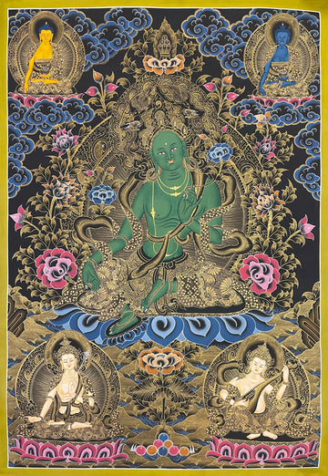 Green Tara thangka, 59×81 cm: Green Tara in black and gold, with two Buddhas above and Saraswati below