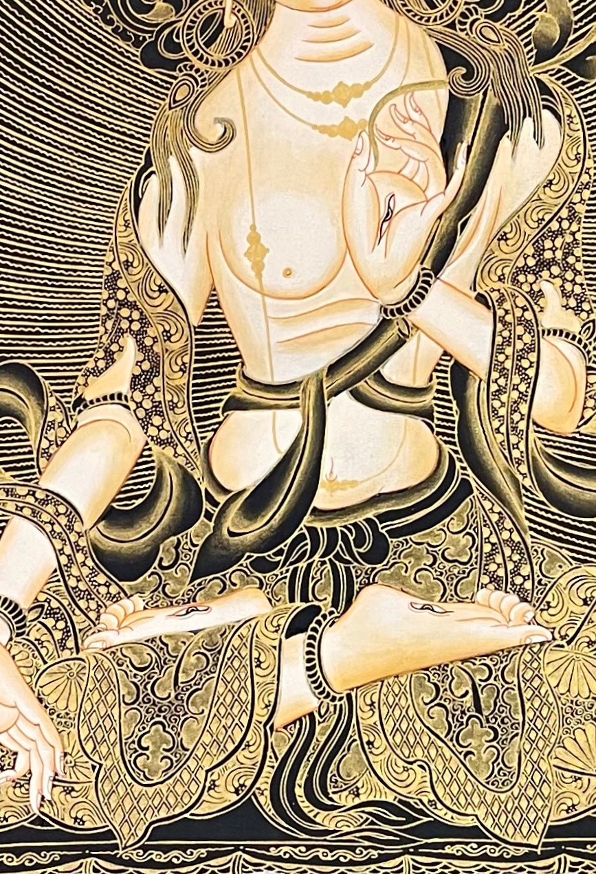 White Tara thangka, 58×81 cm: White Tara in black and gold, with Shakyamuni and Medicine Buddha above and Amitayus and Namgyalma below
