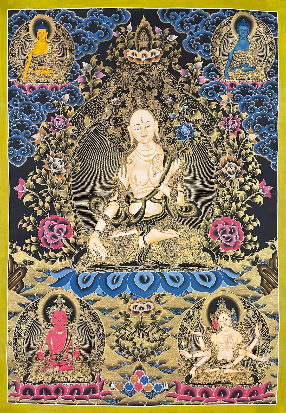 White Tara thangka, 58×81 cm: White Tara in black and gold, with Shakyamuni and Medicine Buddha above and Amitayus and Namgyalma below