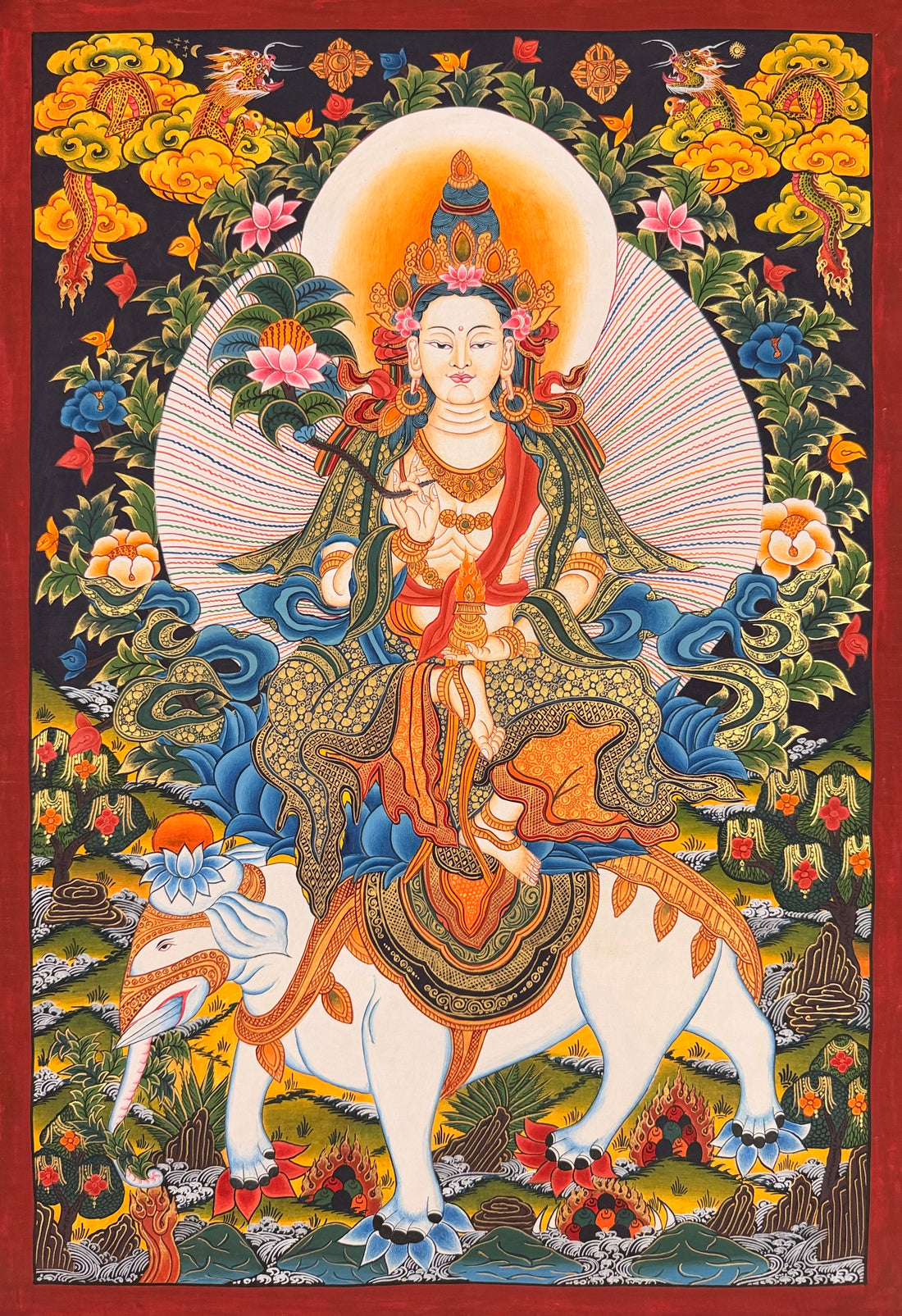 Samantabhadra Bodhisattva thangka, 48×67 cm: Samantabhadra riding a white elephant among flowers, with dragons in the clouds
