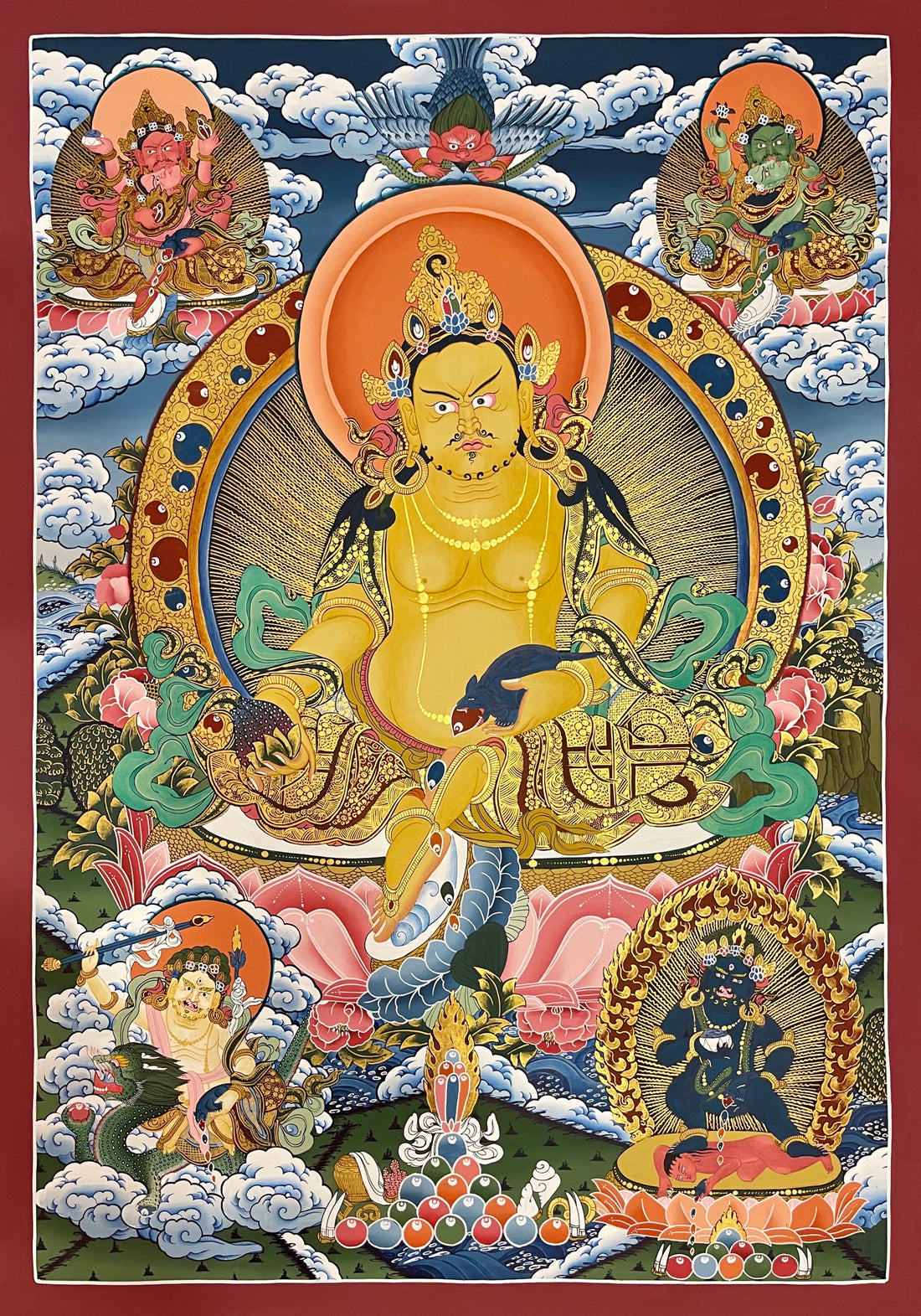 Jambhala thangka, 72×100 cm: Yellow Jambhala with a jewel-spitting mongoose, surrounded by the Red, Green, White and Black Jambhalas