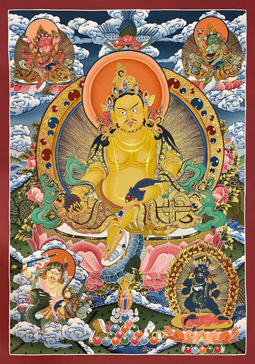 Jambhala thangka, 72×100 cm: Yellow Jambhala with a jewel-spitting mongoose, surrounded by the Red, Green, White and Black Jambhalas