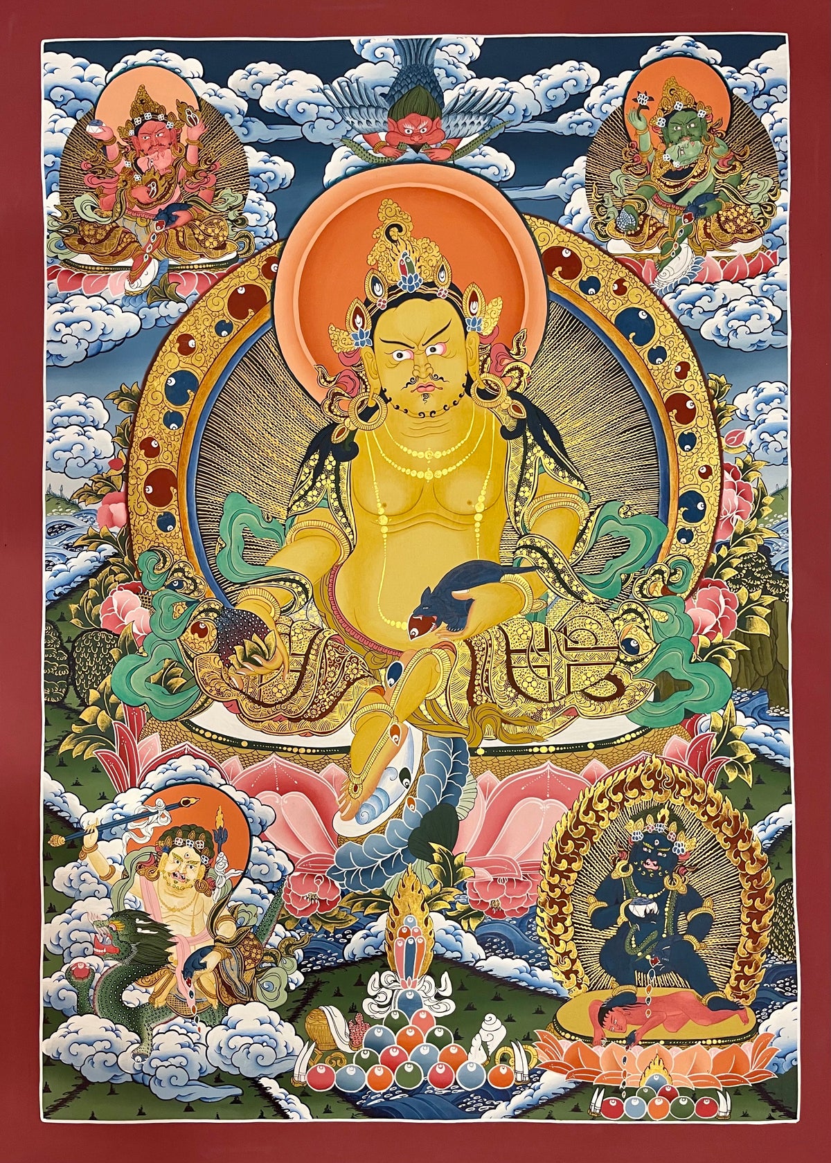 Jambhala thangka, 72×100 cm: Yellow Jambhala with a jewel-spitting mongoose, surrounded by the Red, Green, White and Black Jambhalas