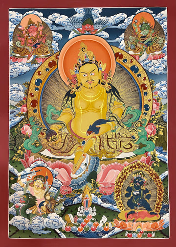 Jambhala thangka, 72×100 cm: Yellow Jambhala with a jewel-spitting mongoose, surrounded by the Red, Green, White and Black Jambhalas