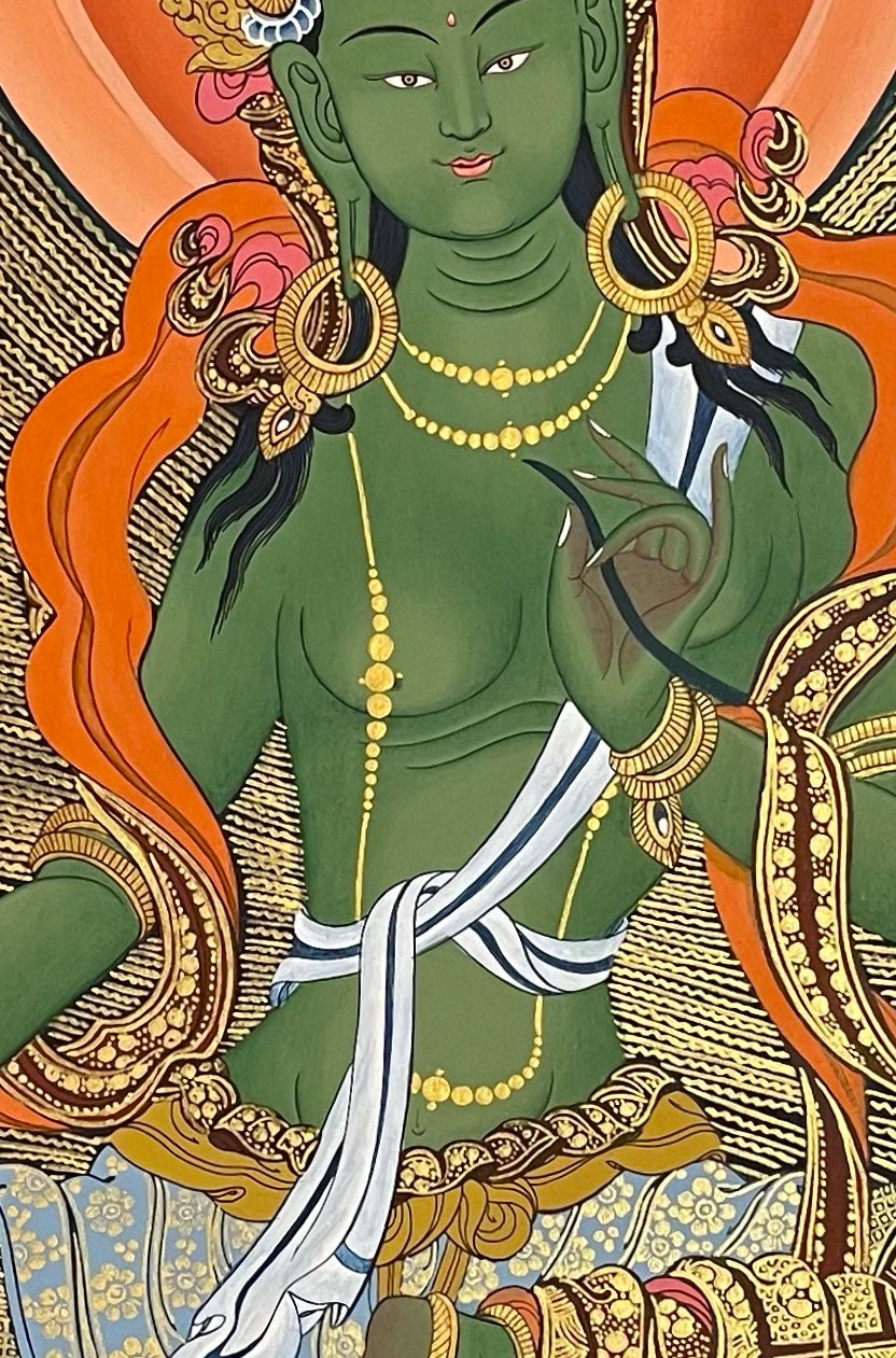 Green Tara thangka, detail: centre