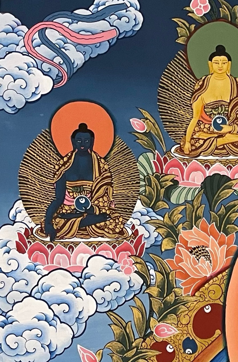 Green Tara thangka, detail: top-left corner
