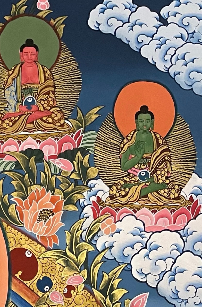 Green Tara thangka, detail: top-right corner