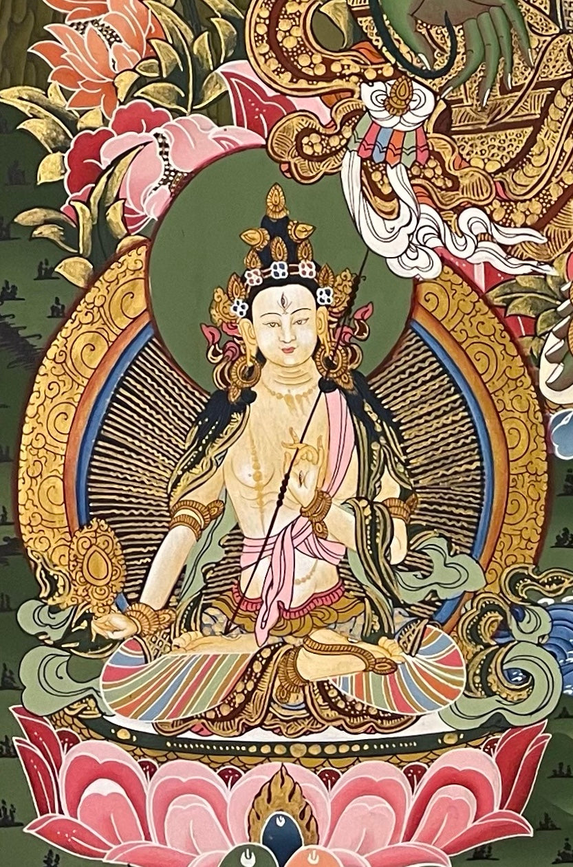 Green Tara thangka, detail: bottom-left corner