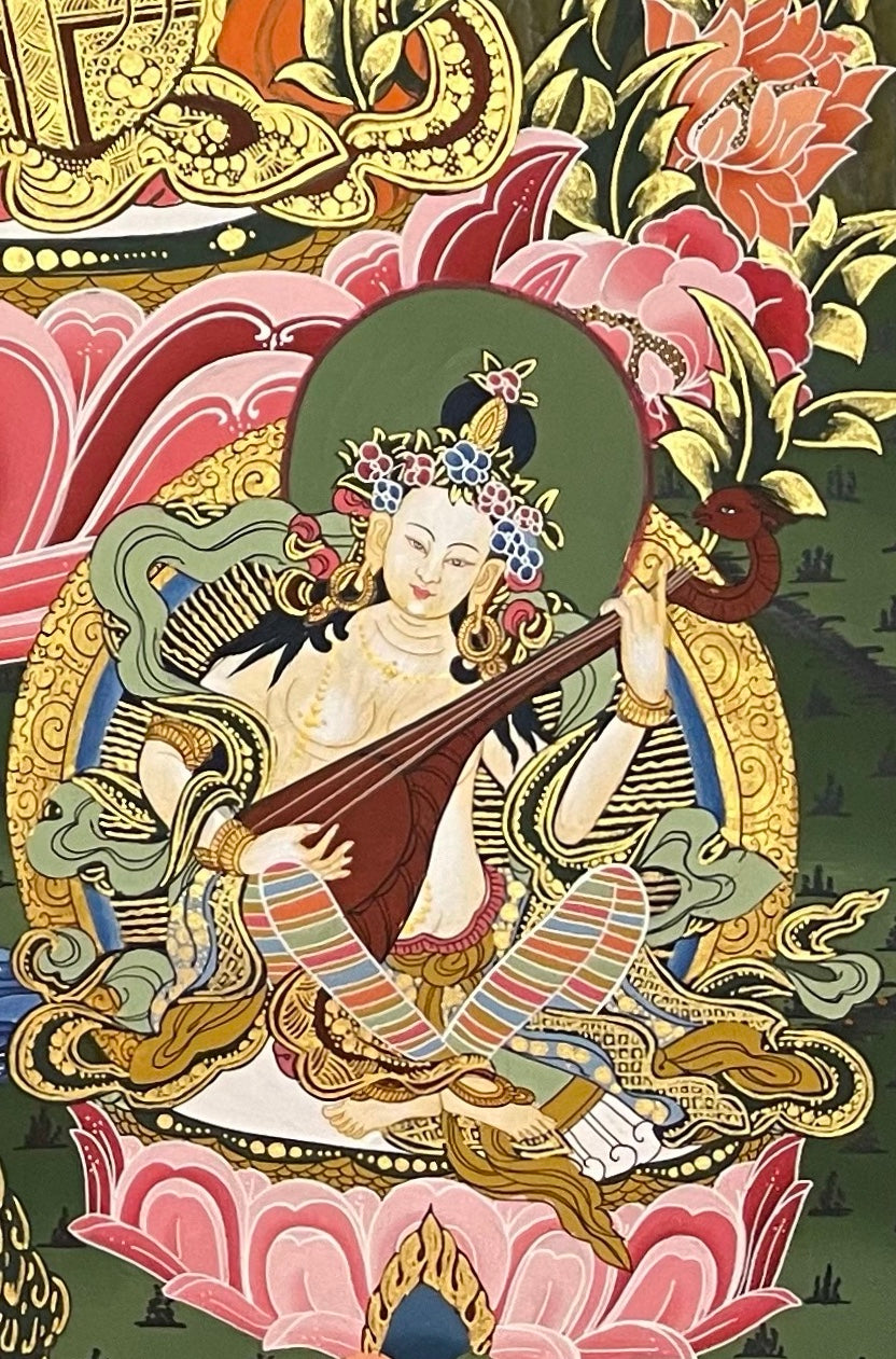 Green Tara thangka, detail: bottom-right corner