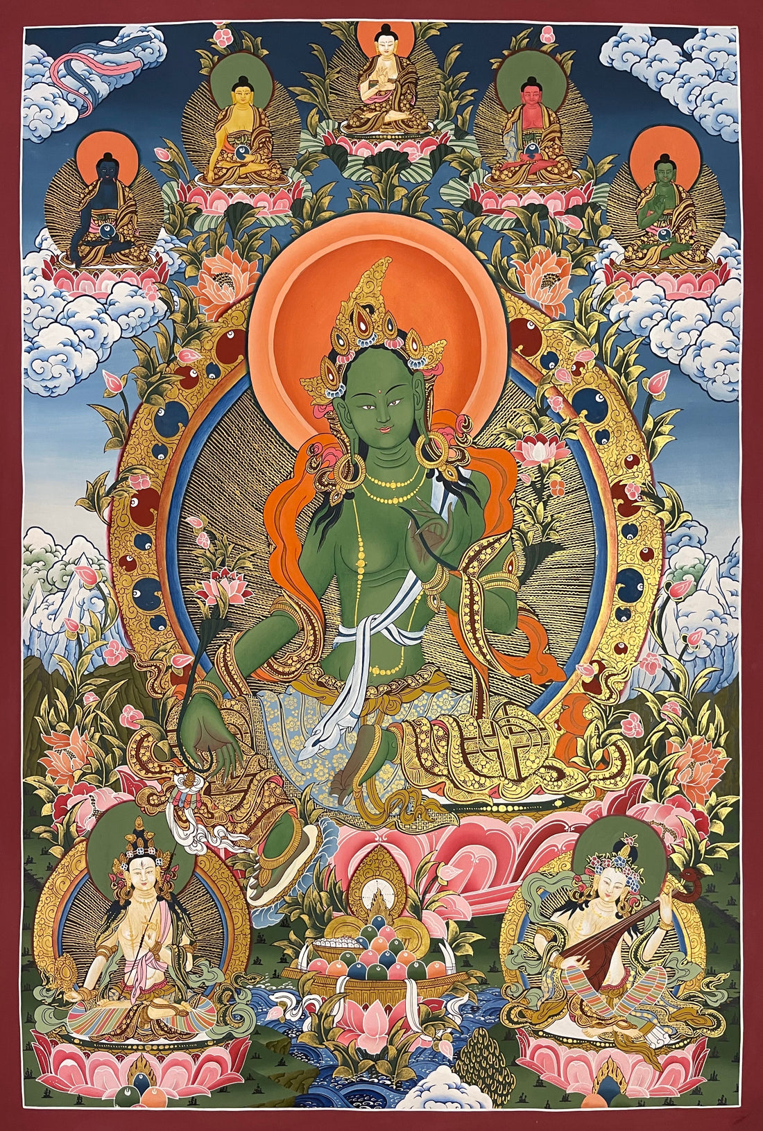 Green Tara thangka, 71×100 cm: Green Tara with five Buddhas above and Saraswati playing a vina below