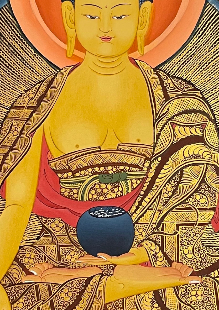 Shakyamuni Buddha thangka, 71×96 cm: Shakyamuni touching the earth, with Chenrezig, Amitabha and Padmasambhava above and two disciples below