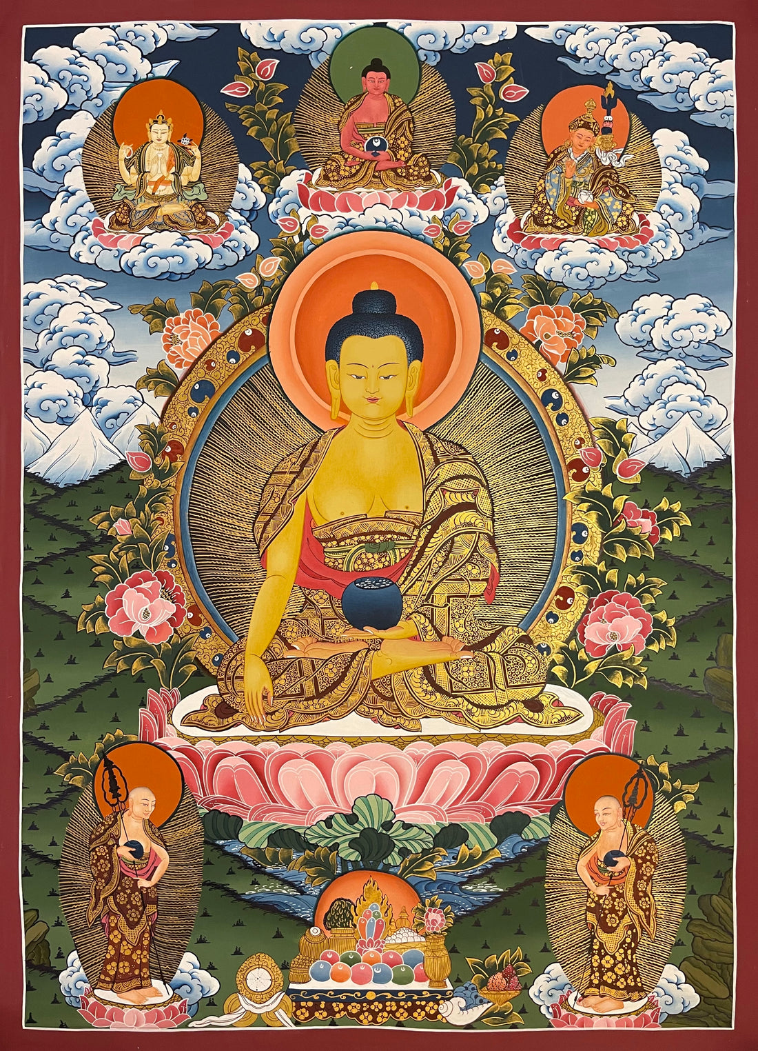 Shakyamuni Buddha thangka, 71×96 cm: Shakyamuni touching the earth, with Chenrezig, Amitabha and Padmasambhava above and two disciples below