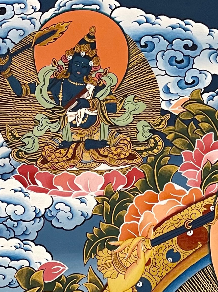 Manjushri thangka, detail: top-left corner