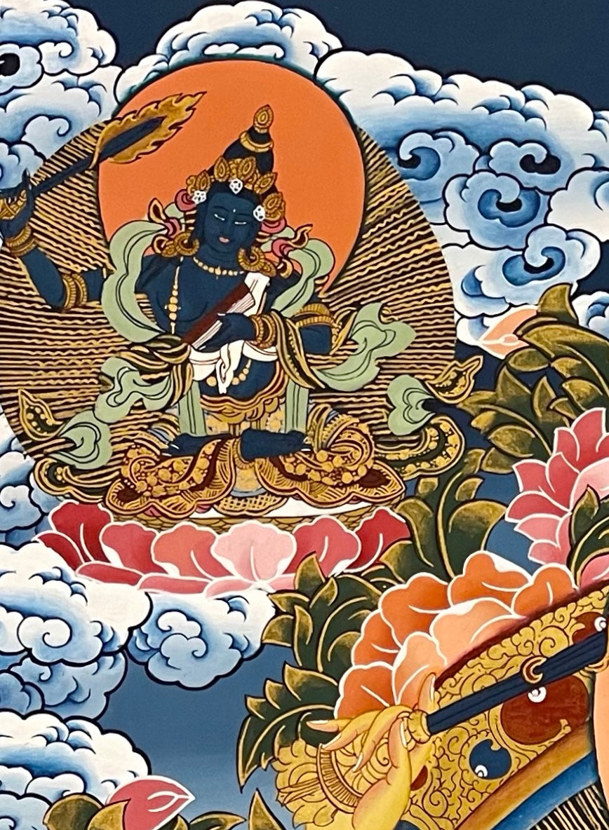 Manjushri thangka, detail: top-left corner