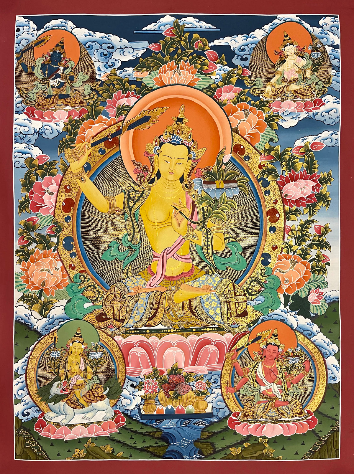 Manjushri thangka, 72×100 cm: Manjushri raising his sword, surrounded by four other forms of Manjushri