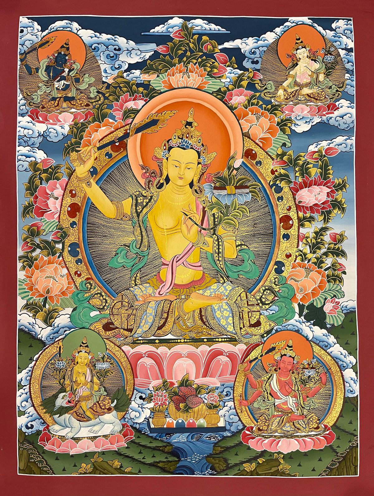 Manjushri thangka, 72×100 cm: Manjushri raising his sword, surrounded by four other forms of Manjushri